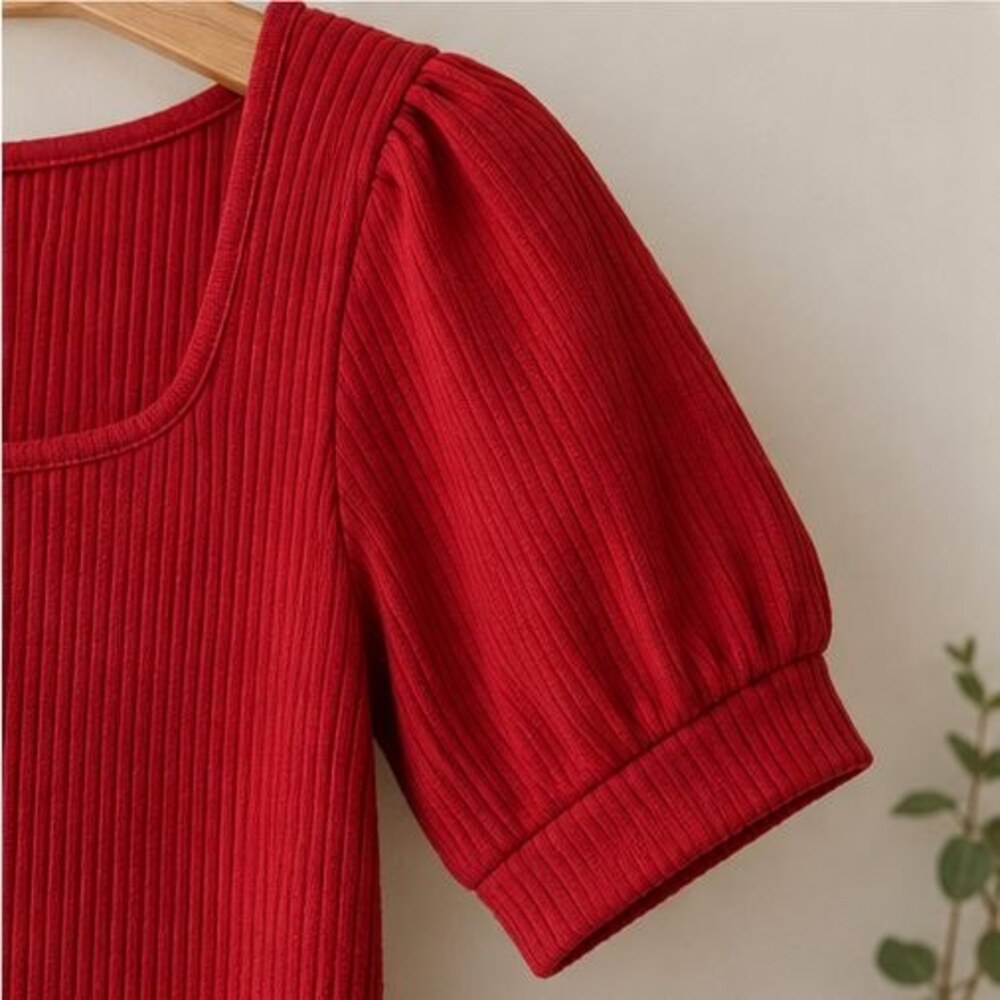 Red Ribbed Square Neck Top - Picture 5 of 6